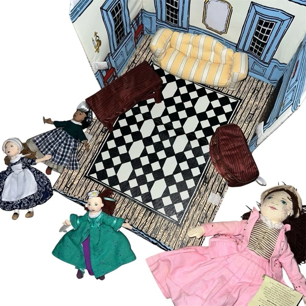 Vintage Colonial Williamsburg Cloth Fabric Dollhouse with Furniture and Dolls